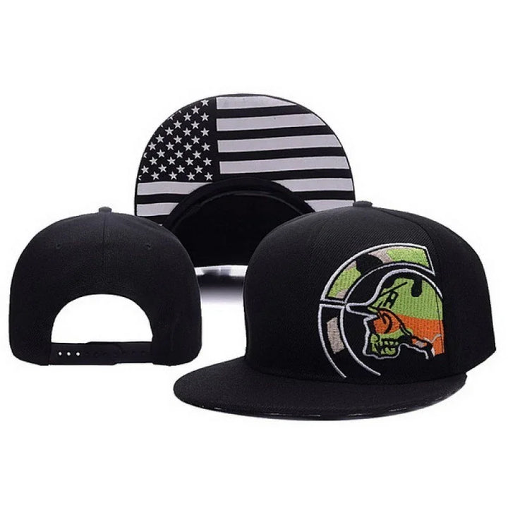 Black snapback hat with colorful Spartan helmet logo and black and white American flag under brim