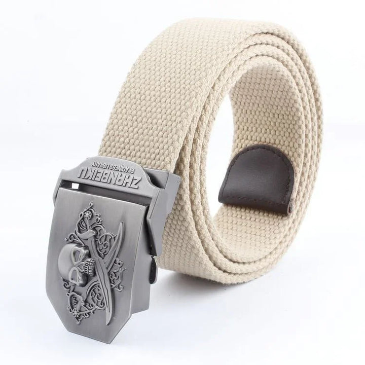 Beige woven fabric belt with metal buckle featuring skull and crossbones pirate design