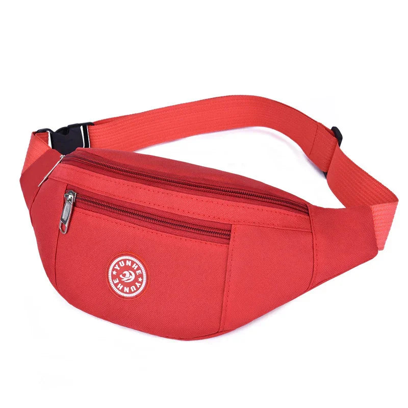 Red fabric waist bag with front zip pocket and adjustable strap