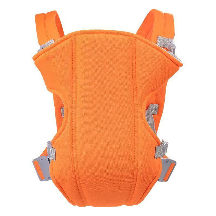 Bright orange baby carrier with adjustable gray straps and padded shoulder support