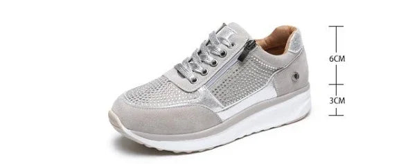 Women's gray sporty wedge sneaker with mesh panels, side zipper, and white sole, 6cm heel