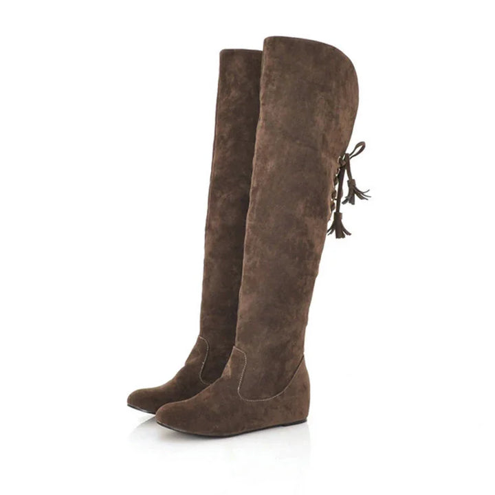 Brown suede knee-high wedge boots with tassel ties on white background