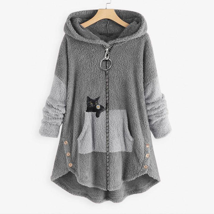 Grey sherpa hoodie with front zipper, kangaroo pocket, black cat graphic, and wooden buttons