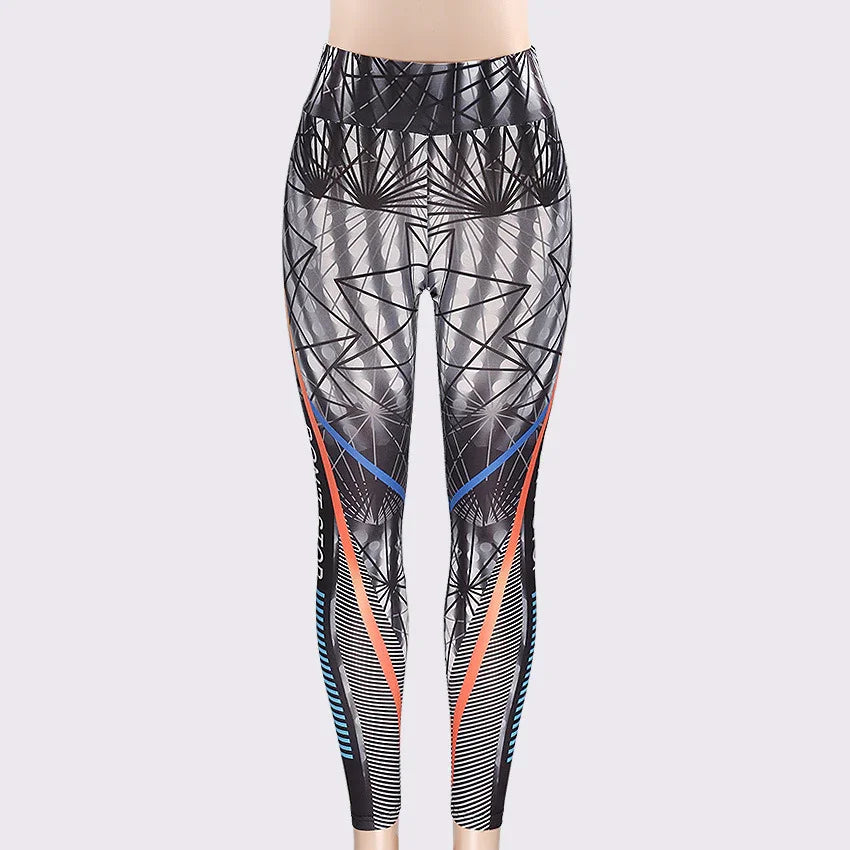 High-waisted leggings with abstract black, gray, blue, and orange geometric patterns on a mannequin