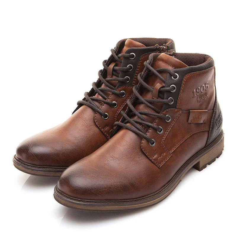 Brown leather men's lace-up ankle boots with padded collar and embossed 1905 logo