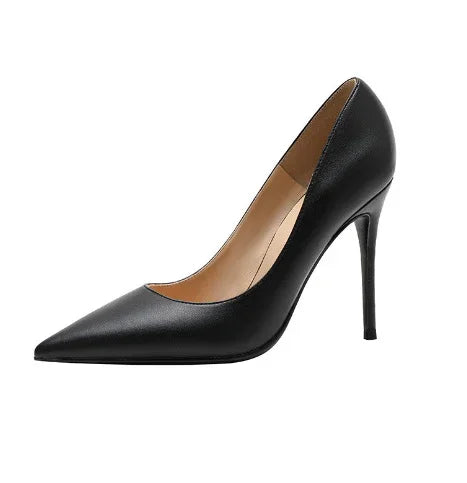 Elegant black leather high heel stiletto pump with pointed toe on white background