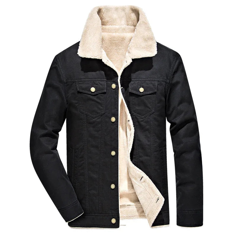 Black denim jacket with beige sherpa lining and button-up front, warm winter outerwear