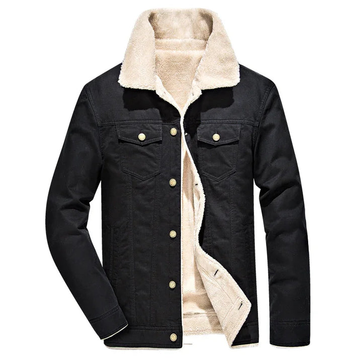Black denim jacket with beige sherpa lining and button-up front, warm winter outerwear