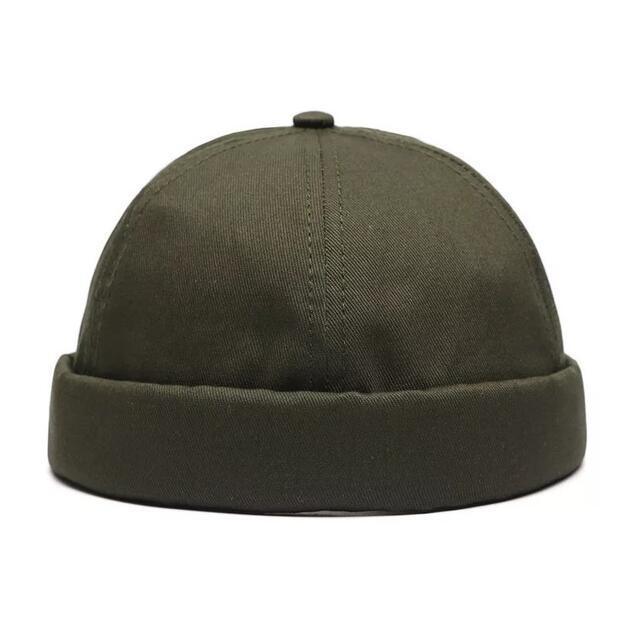Olive green beanie cap with rolled cuff and stitching detail on white background