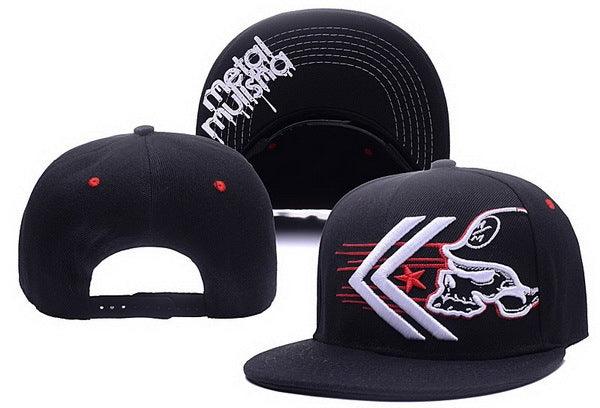 Black snapback cap with white and red embroidered skull and star design, white stitched arrows, and logo text under the brim