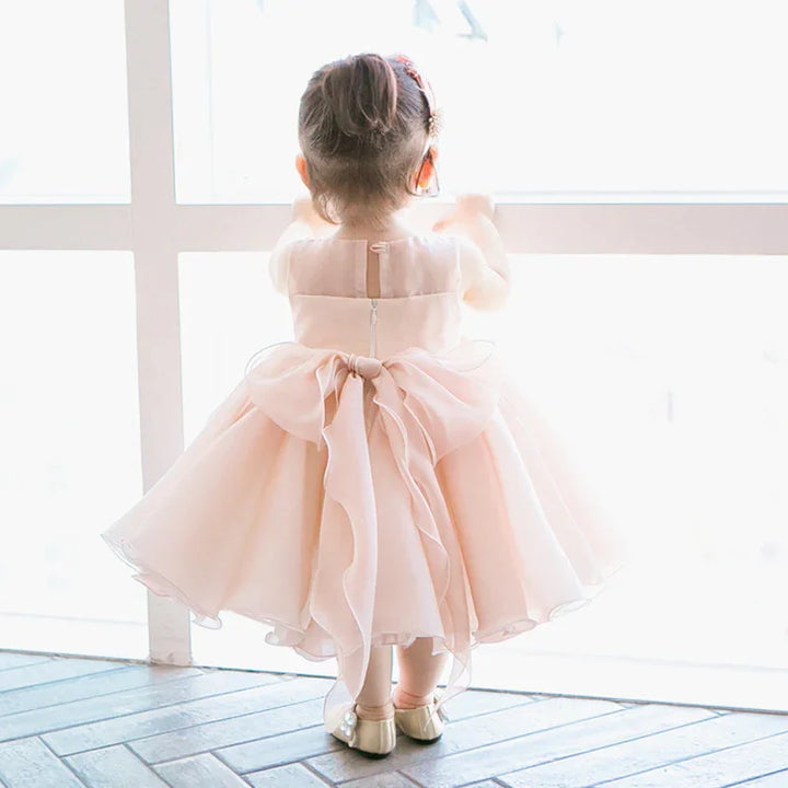 Toddler girl in a light pink bow dress and gold shoes standing by a window