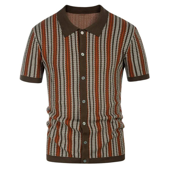 Brown short-sleeve button-up polo shirt with vertical orange and white herringbone stripes