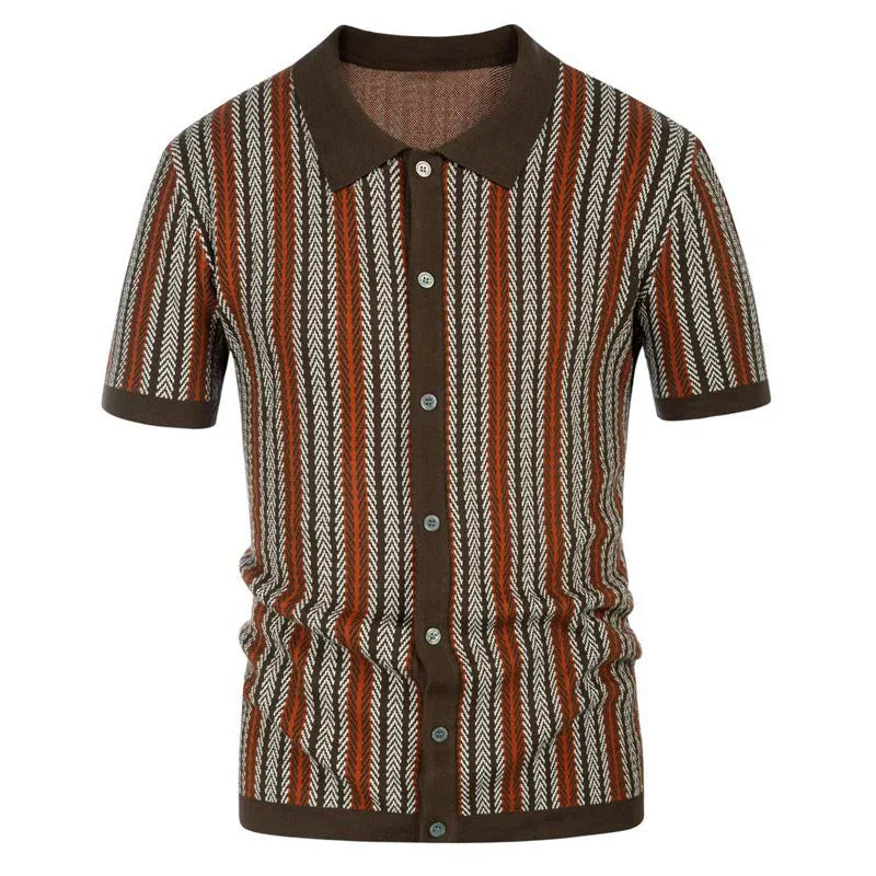 Short sleeve brown polo shirt with vertical striped herringbone pattern and button front