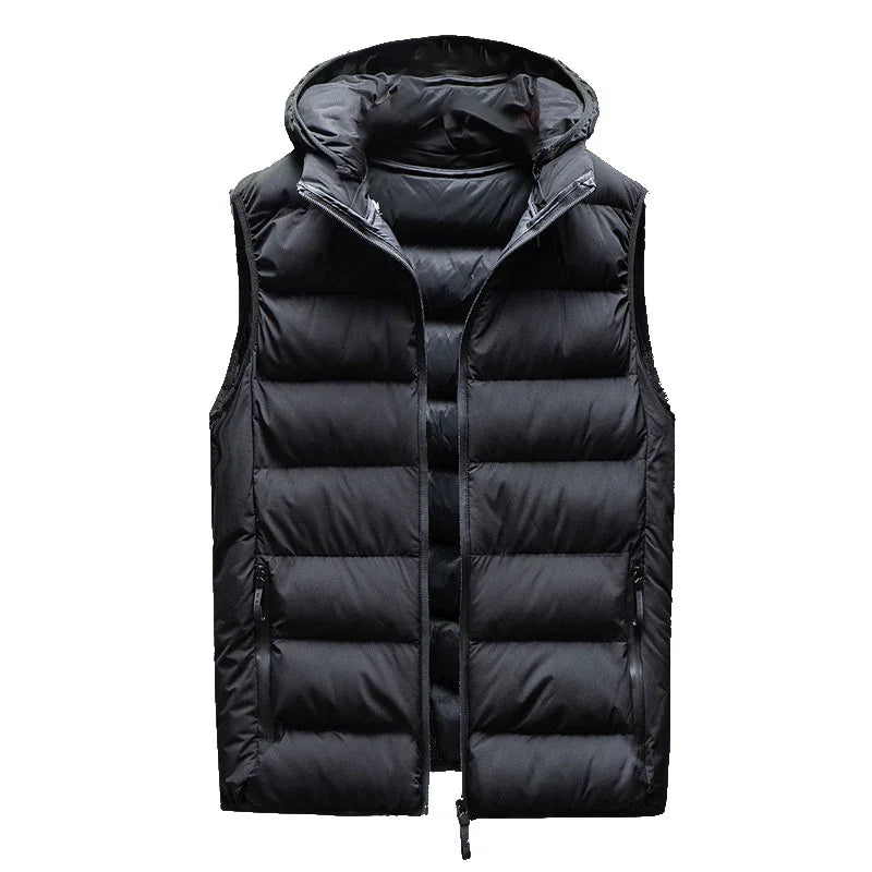 Black padded sleeveless hooded winter vest with front zipper and side pockets