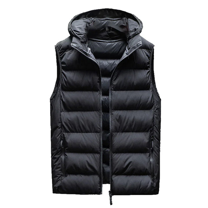 Black padded sleeveless hooded winter vest with front zipper and side pockets