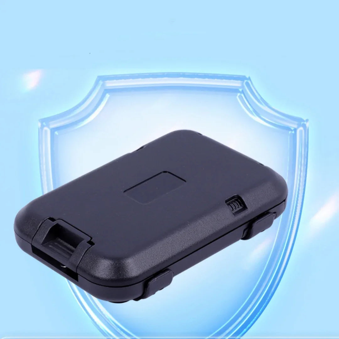 Black compact security case with latch on light blue shield background