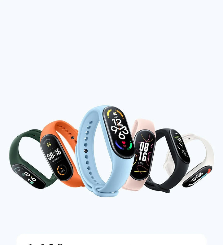 Collection of colorful fitness smart bands with digital displays on a white background