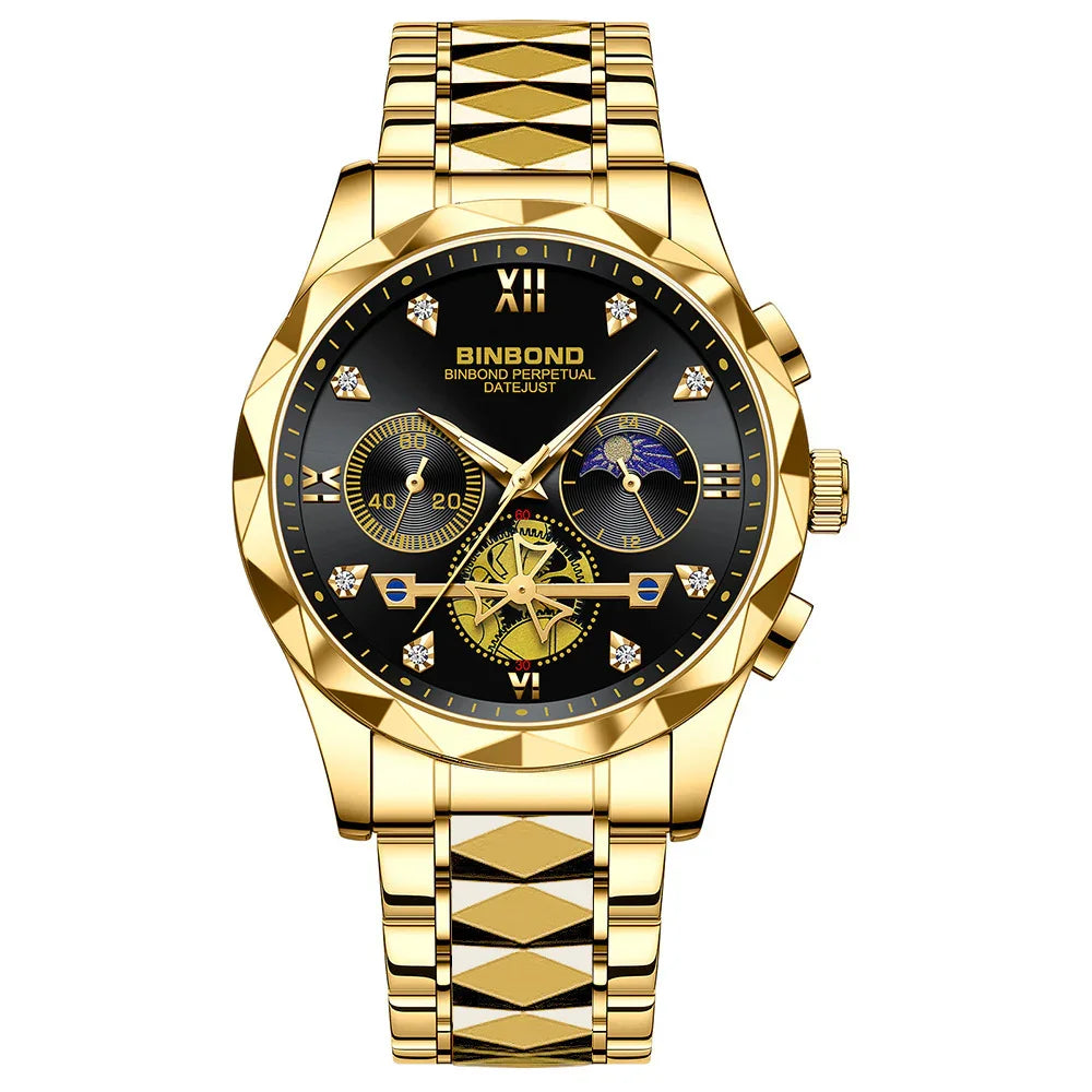 Luxury BINBOND gold watch with black dial, diamond hour markers, datejust and perpetual features
