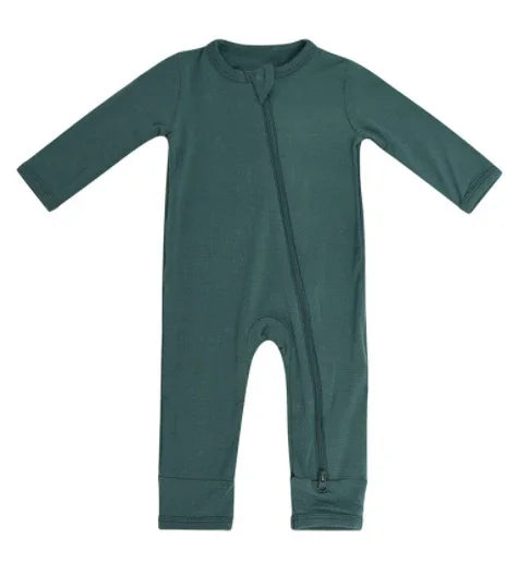 Dark green long-sleeve baby romper with diagonal zipper and crew neckline
