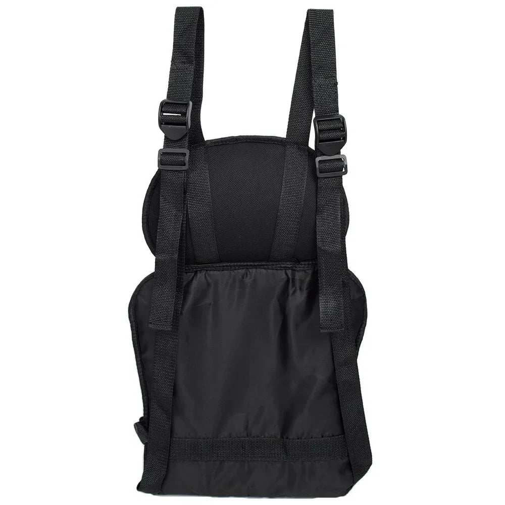Black adjustable shoulder straps and padded back support harness on white background