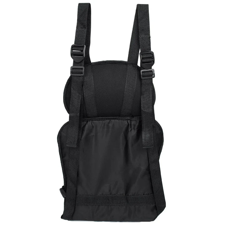 Black adjustable shoulder straps and padded back support harness on white background