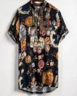 Black short-sleeve shirt with colorful circular vintage coin and medallion print