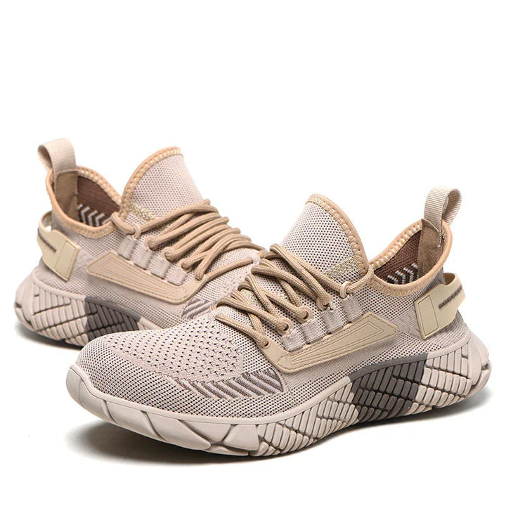 Beige lightweight mesh running shoes with cushioned textured sole and snug laces