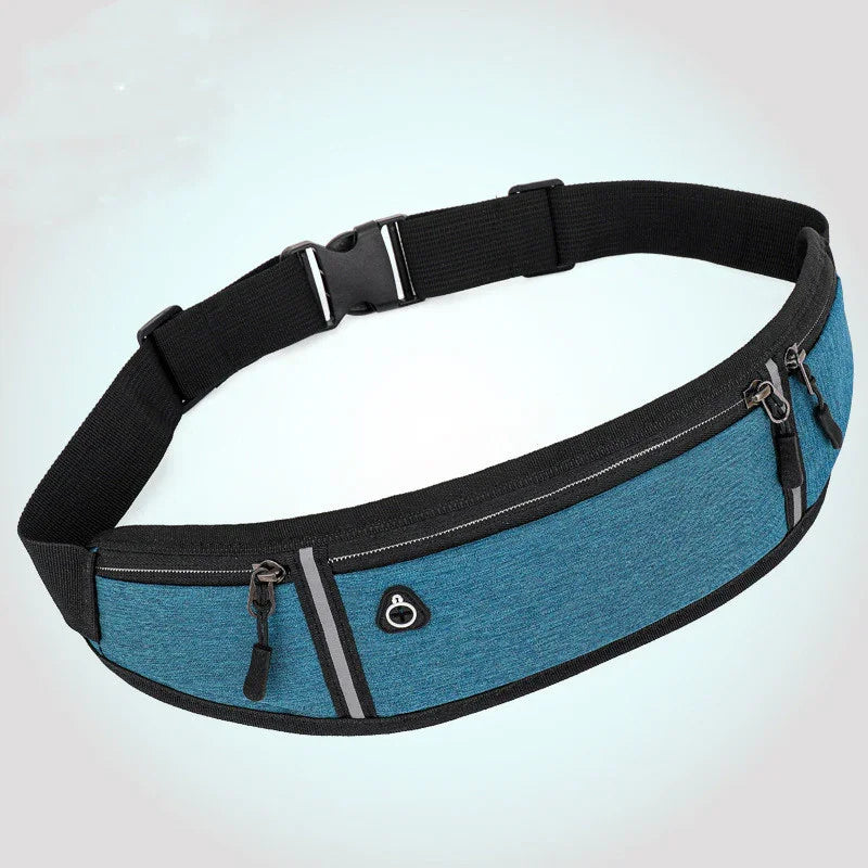 Blue and black adjustable running belt with multiple zippered compartments and headphone port