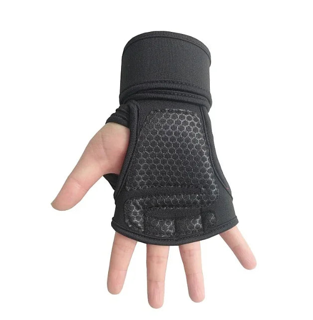 Black wrist support glove with padded palm and honeycomb texture on open hand against white background