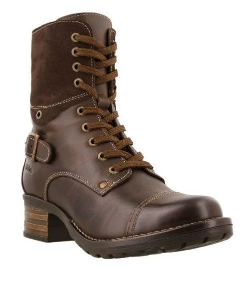 brown leather ankle combat boot with lace-up front, buckle strap, and stacked heel