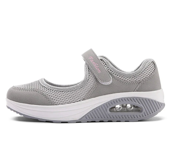 Gray women's Mary Jane sport shoes with breathable mesh and cushioned sole