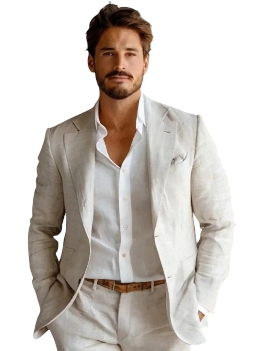 Confident man in light beige linen suit with white shirt and brown belt, hands in pockets