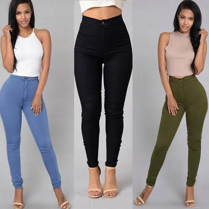 Women modeling high-waisted skinny pants in blue, black, and olive with sleeveless crop tops
