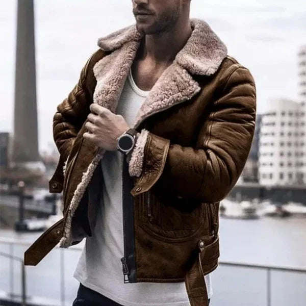 Man wearing stylish brown shearling leather jacket with white shirt in urban waterfront setting