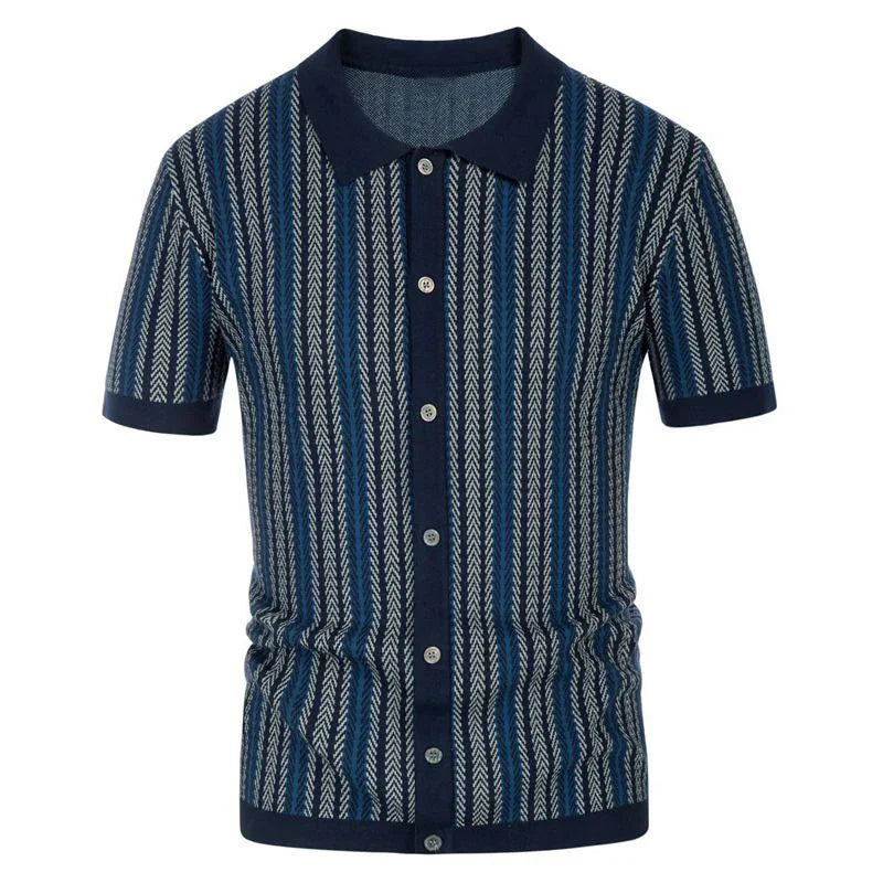 Men's short sleeve button-up cardigan with navy blue and white vertical chevron stripes