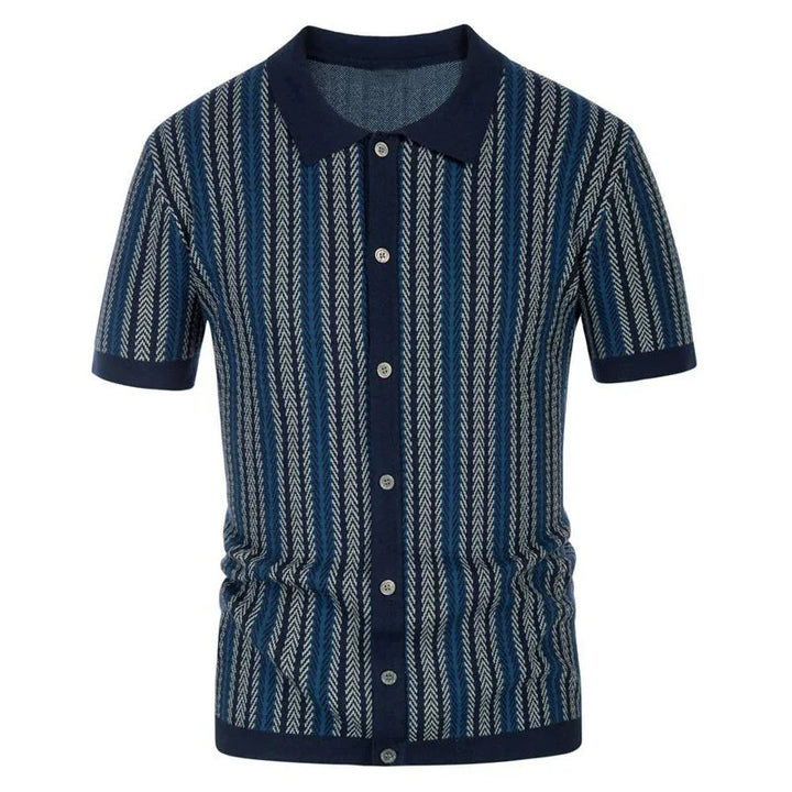 Men's short sleeve button-up cardigan with navy blue and white vertical chevron stripes