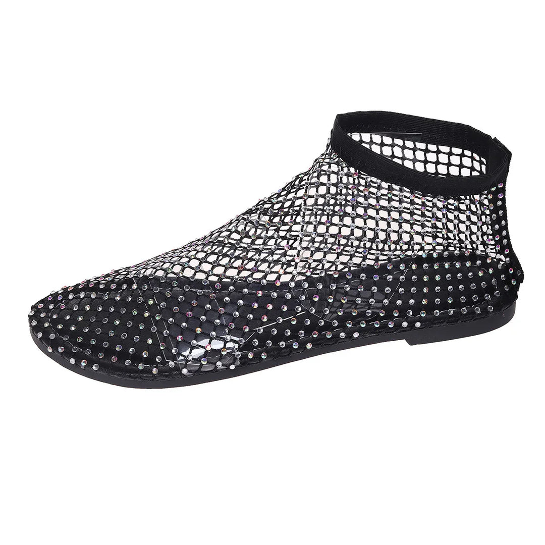 Black mesh ankle shoe adorned with sparkling rhinestones on netted upper and sole