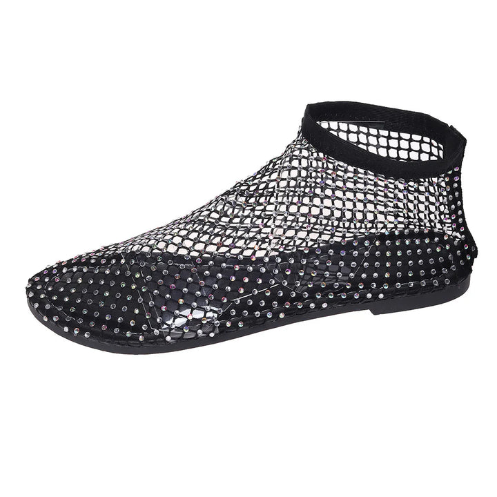 Black mesh ankle shoe adorned with sparkling rhinestones on netted upper and sole