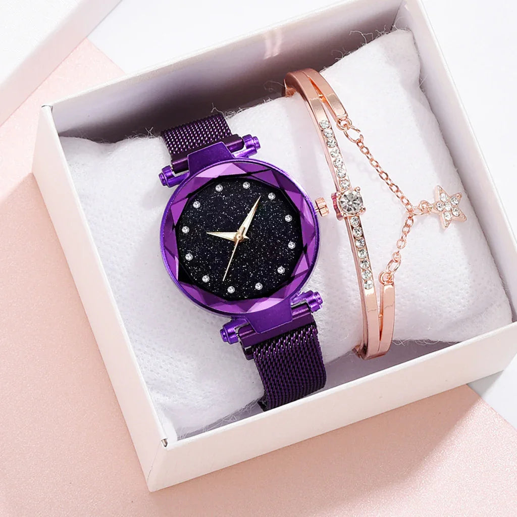 Purple starry dial watch with crystal markers and rose gold bracelet with star charm in white gift box