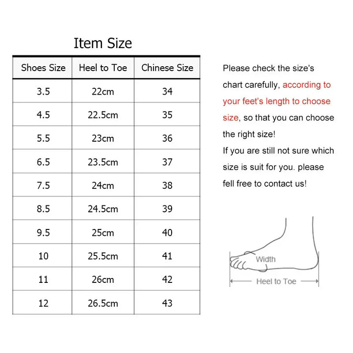 Shoe size chart showing US, heel-to-toe in cm, and Chinese sizes with foot measurement guide