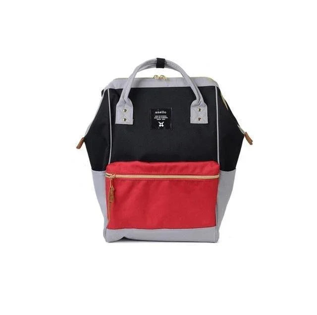 Anello brand black and gray backpack with a large red front pocket and dual top handles
