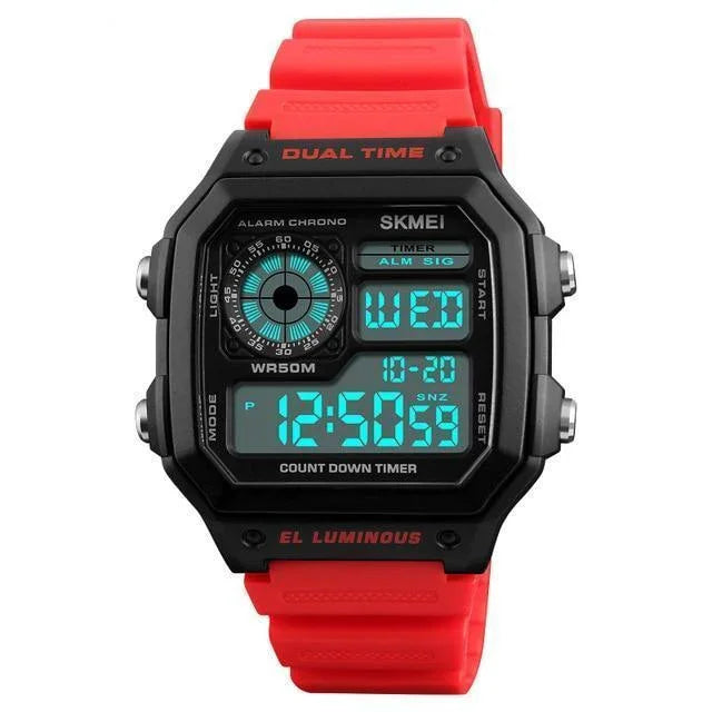 SKMEI digital sports watch with red strap, black case, dual time, timer, and luminous display