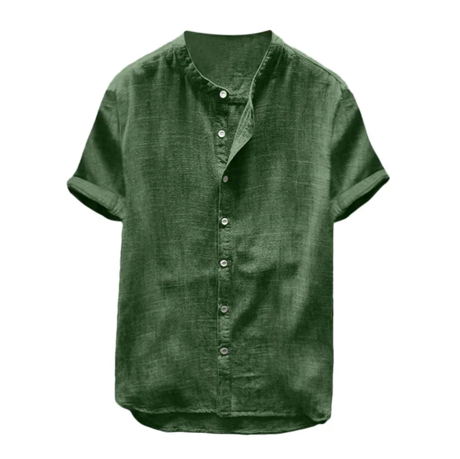 Green short sleeve linen casual shirt with buttons and mandarin collar