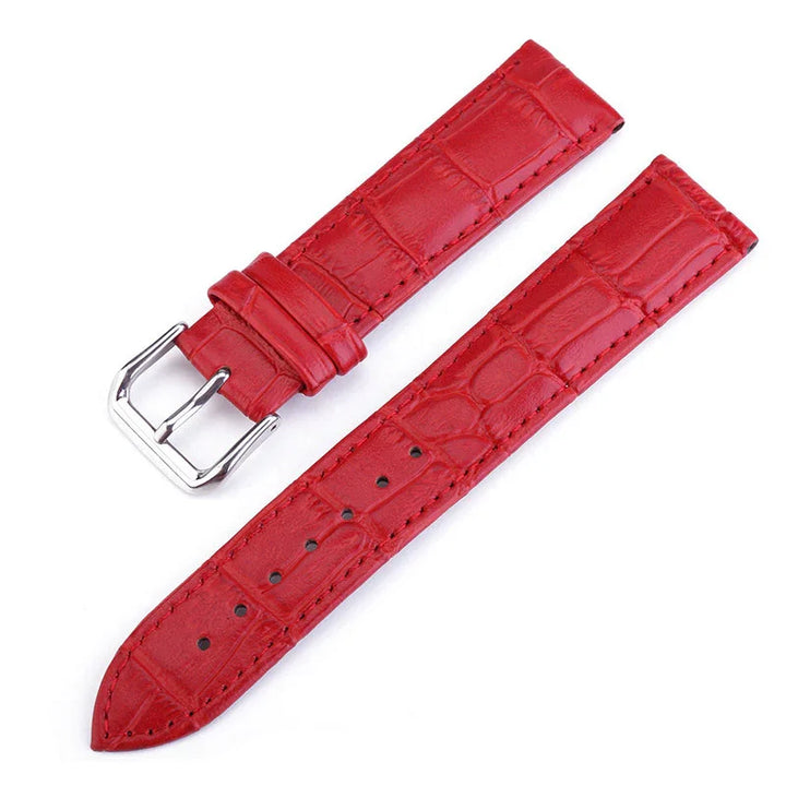 Red crocodile embossed leather watch strap with silver buckle, two-piece design