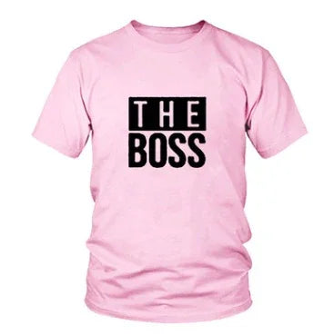 Pink T-shirt with bold black text THE BOSS printed on the front