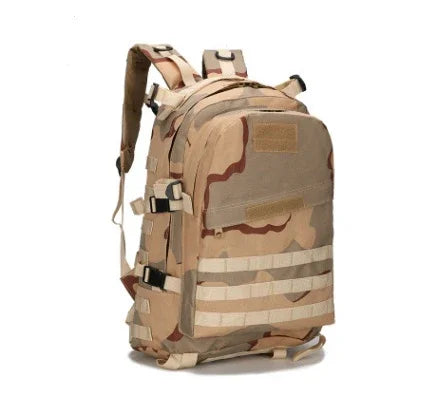 tan and brown desert camouflage tactical backpack with multiple straps and MOLLE webbing