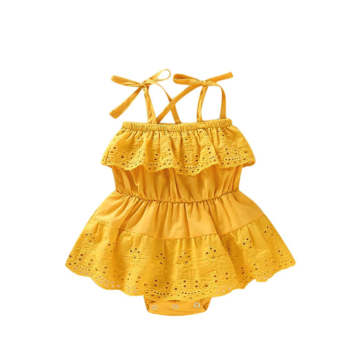 Yellow baby girl summer dress with eyelet lace trim and shoulder tie straps
