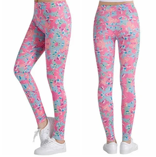 women's pink camouflage print leggings shown from side and back views with white sneakers