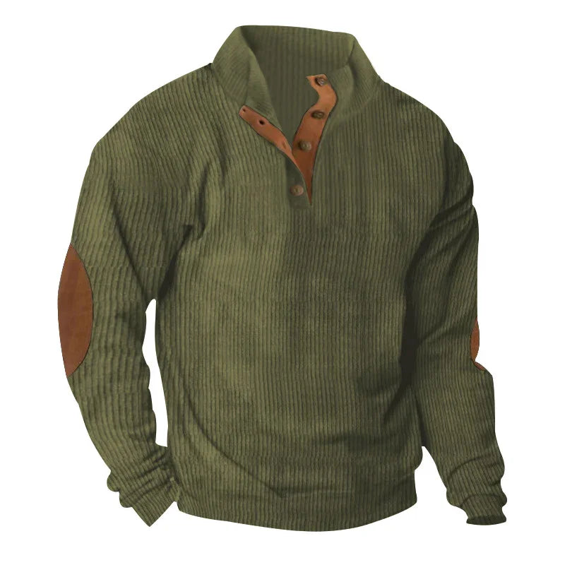 olive green ribbed pullover sweater with brown buttoned collar and elbow patches