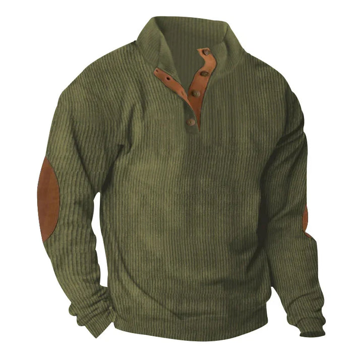 olive green ribbed pullover sweater with brown buttoned collar and elbow patches
